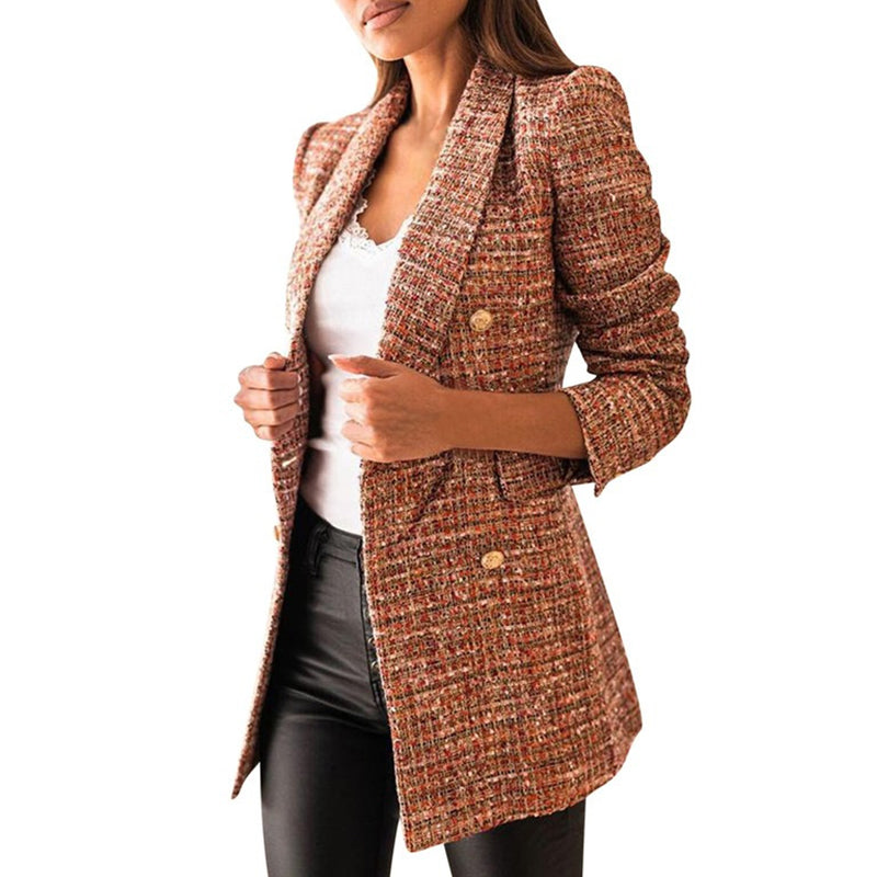 Fashion Double-breasted Blazer Plaid Jacket