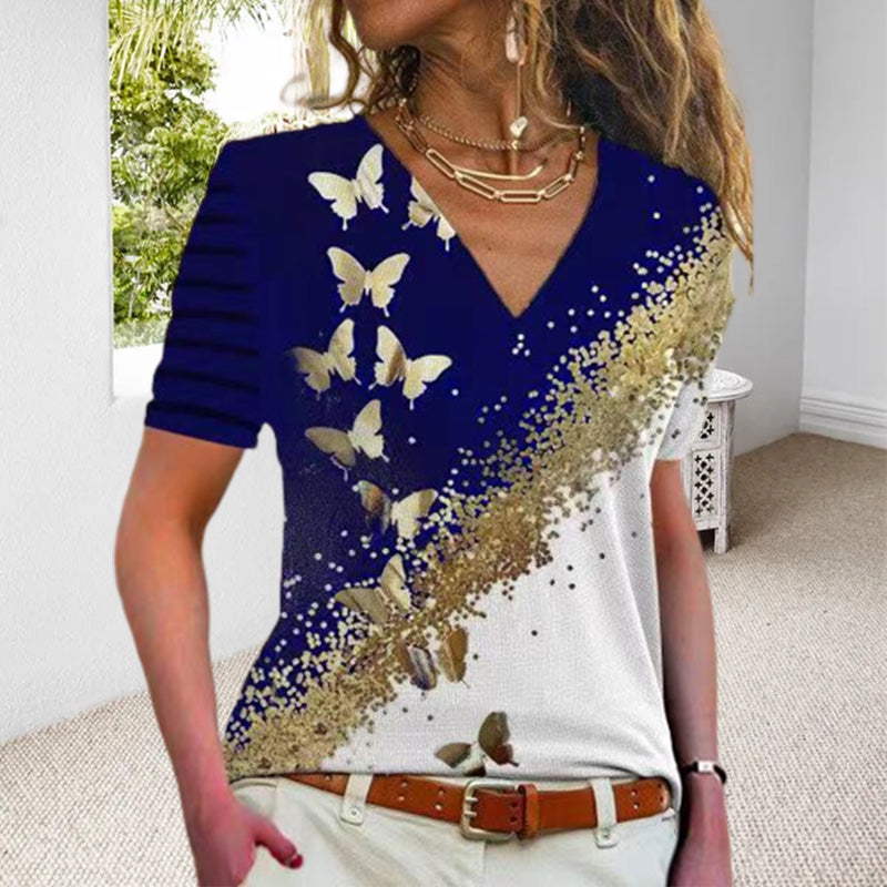 Butterfly Print V-Neck T-Shirt