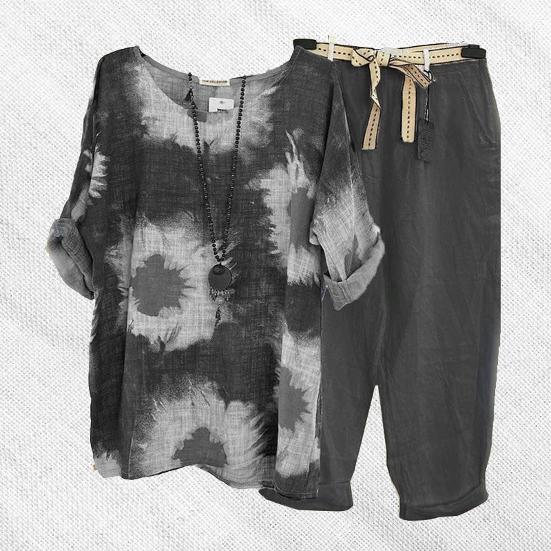 Cotton and Linen Print Casual Two-piece Set