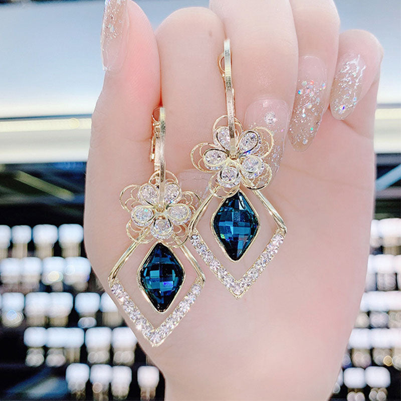 Flower Zircon Rhombic Sapphire Drop Earrings