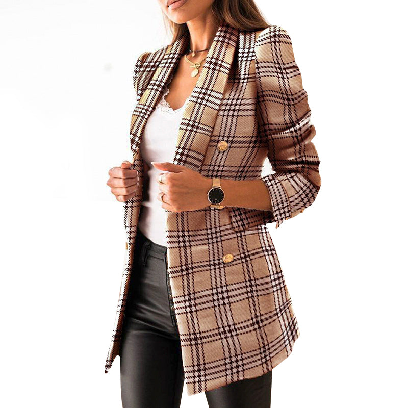 Fashion Double-breasted Blazer Plaid Jacket