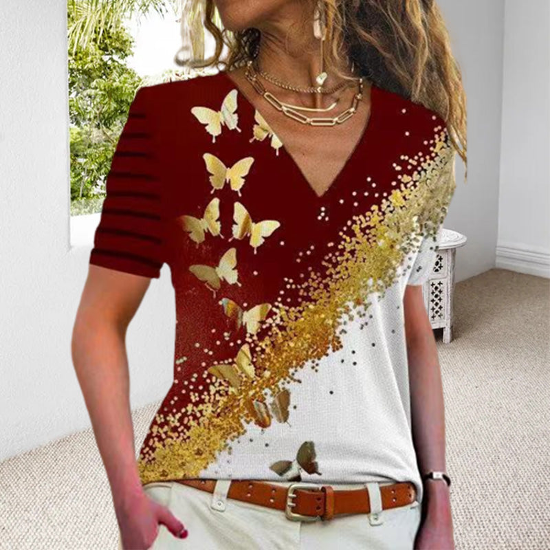 Butterfly Print V-Neck T-Shirt