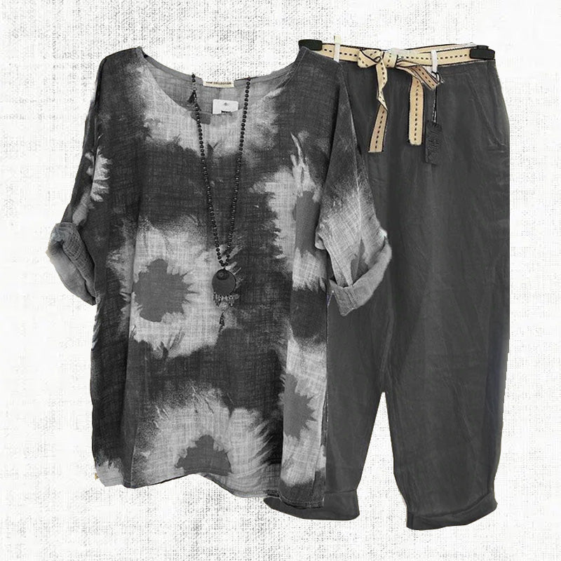 Cotton and Linen Print Casual Two-piece Set