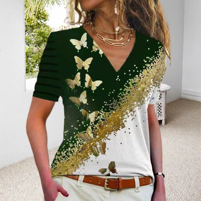 Butterfly Print V-Neck T-Shirt