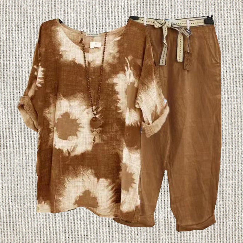 Cotton and Linen Print Casual Two-piece Set
