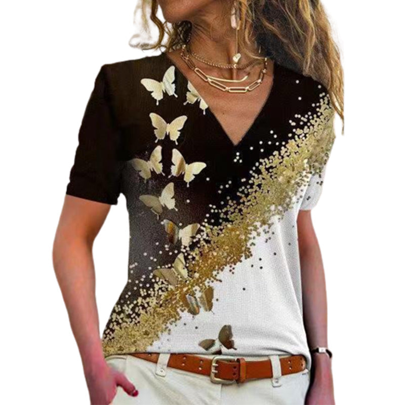 Butterfly Print V-Neck T-Shirt