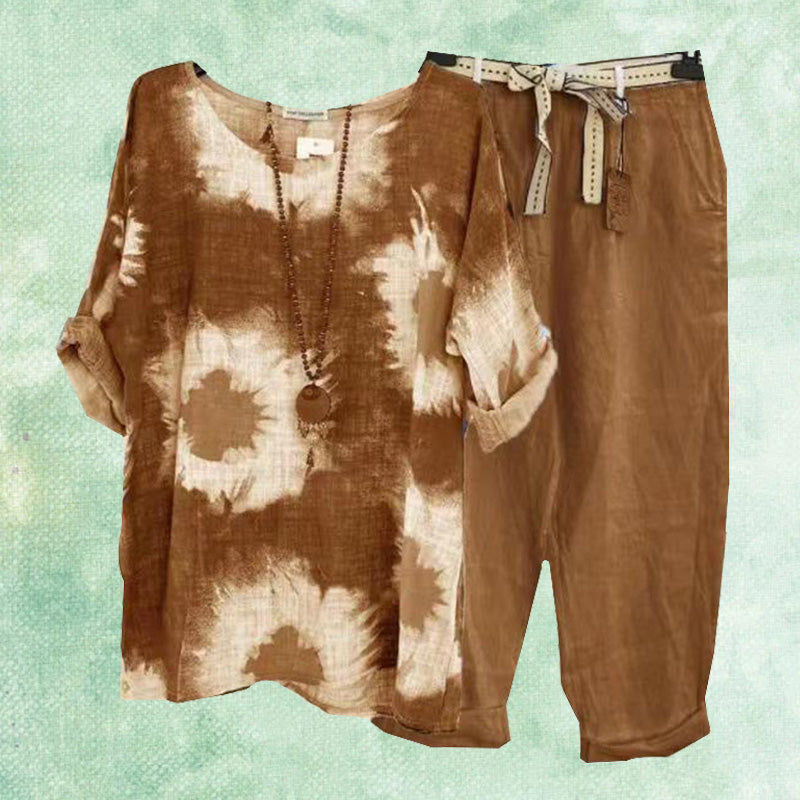 Cotton and Linen Print Casual Two-piece Set