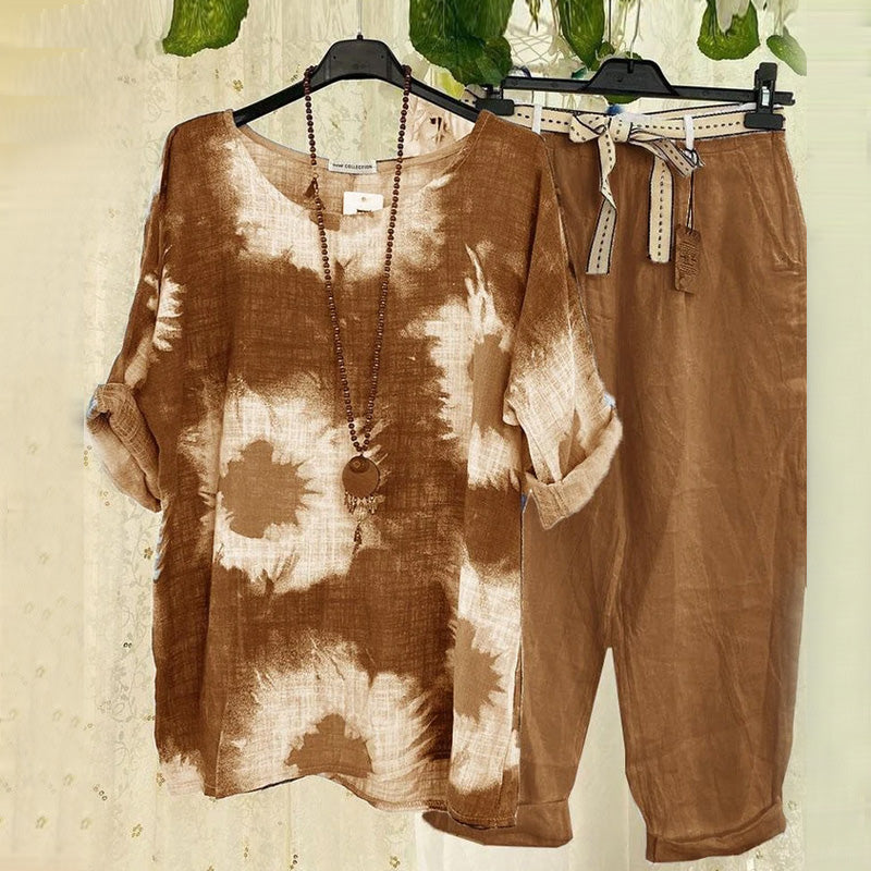 Cotton and Linen Print Casual Two-piece Set