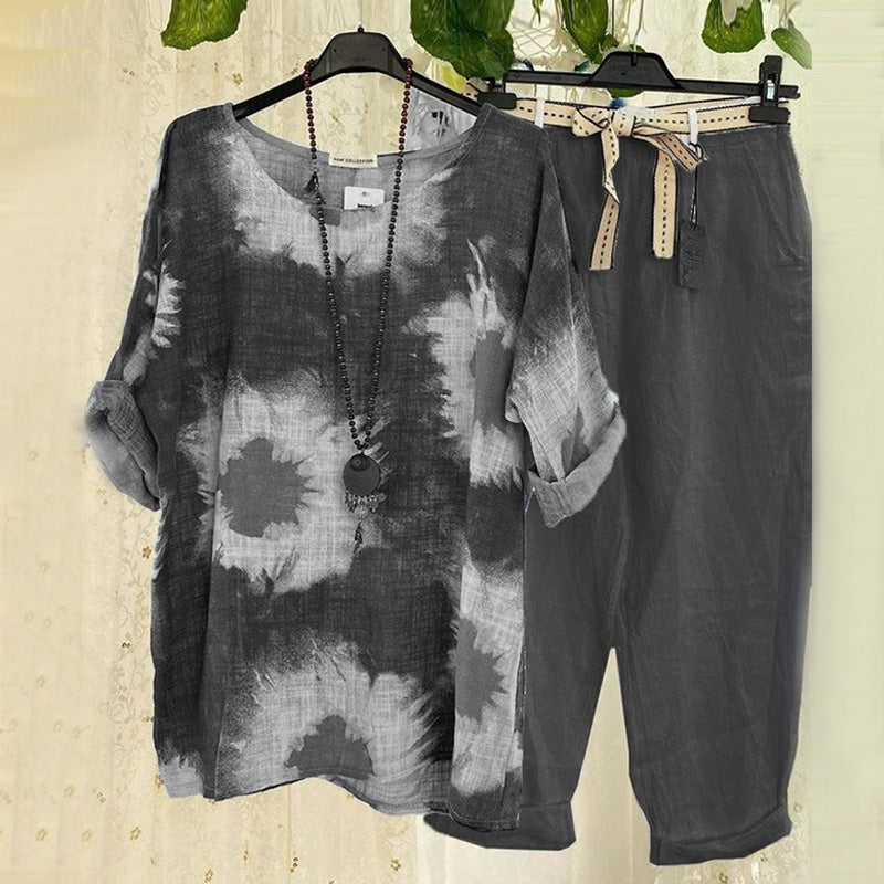 Cotton and Linen Print Casual Two-piece Set