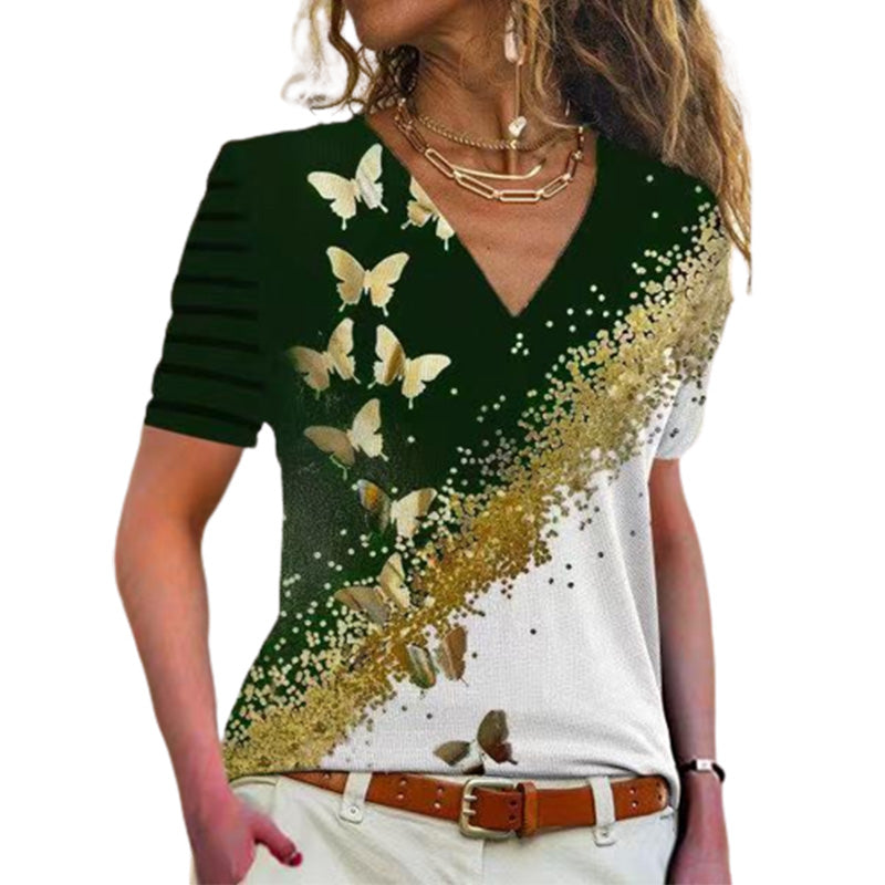 Butterfly Print V-Neck T-Shirt