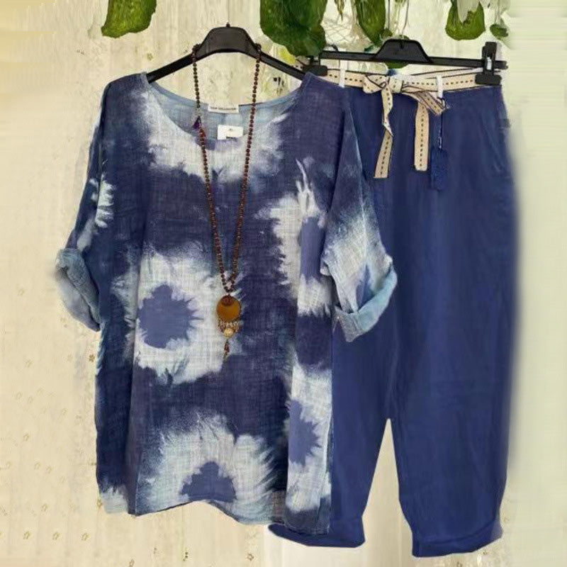 Cotton and Linen Print Casual Two-piece Set