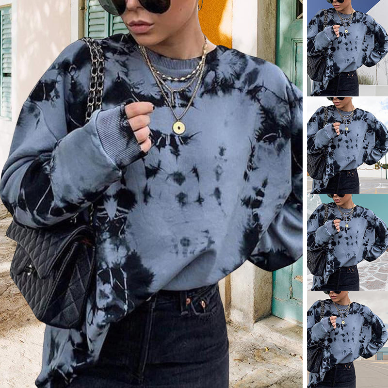 Loose Crew Neck Sweatshirt For Women In Tie-dye Style