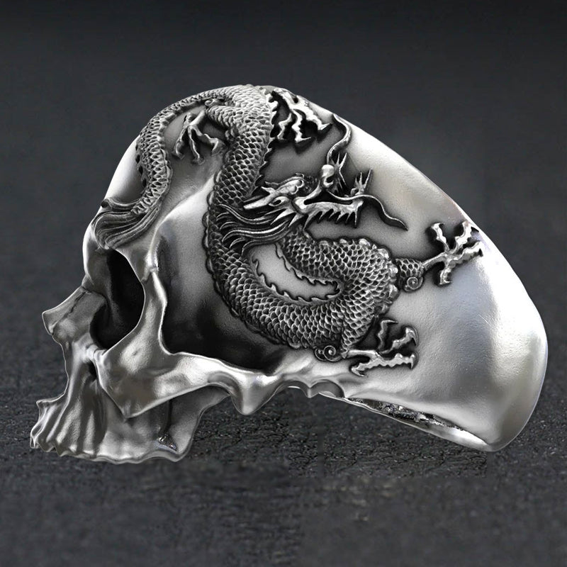 925 Silver Skull And Dragon Ring