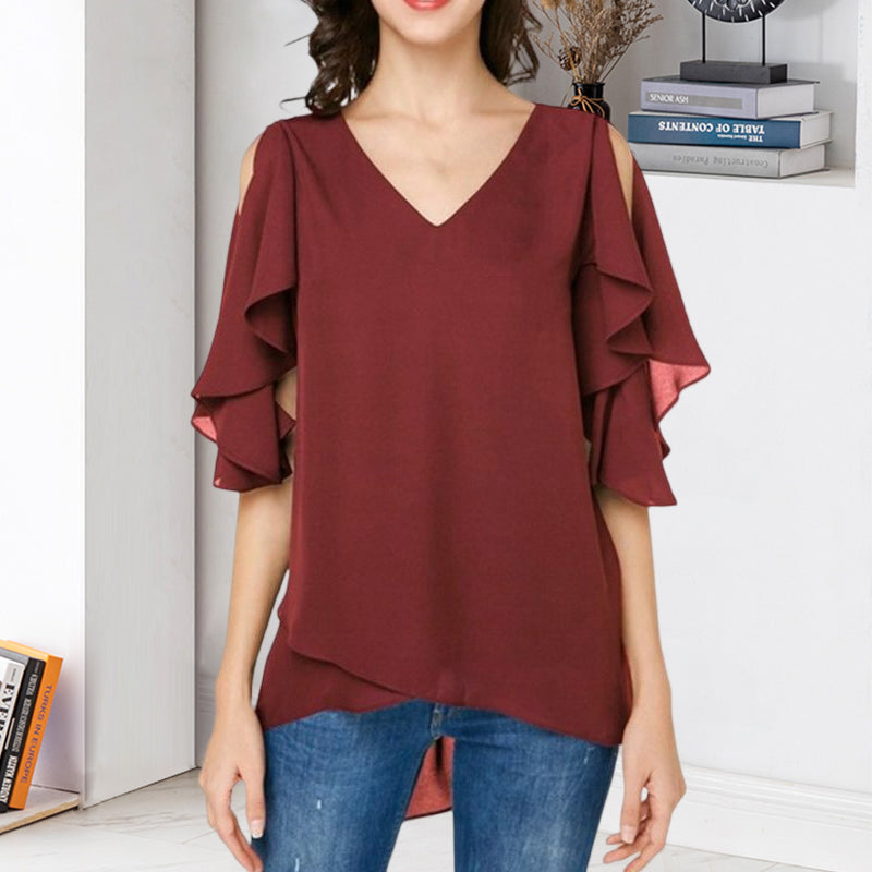 Women's Leaky Shoulder Lotus Leaf Sleeves Chiffon Top