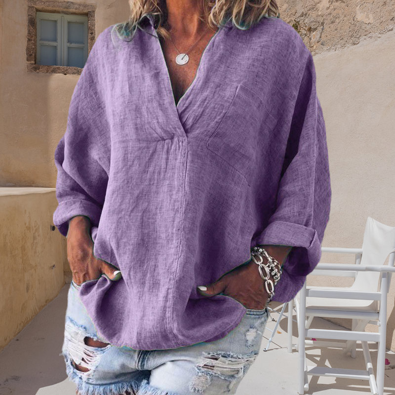 Oversized Loose Long Sleeve V-Neck Linen Shirt