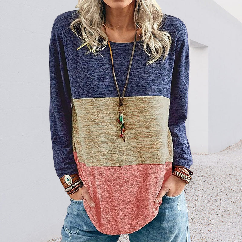 Round Neck Pullover Contrast Long Sleeve T-Shirt