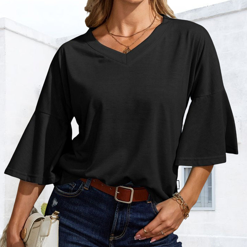 Plain V-neck flared T-shirt