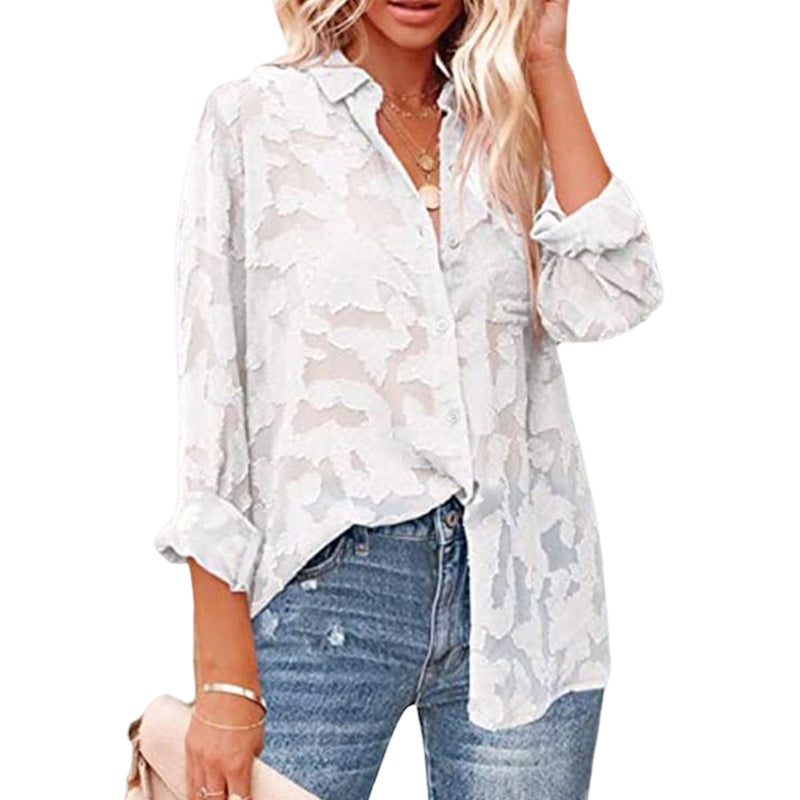 Solid Color Cutout Chiffon Jacquard Button Long Sleeve Shirt