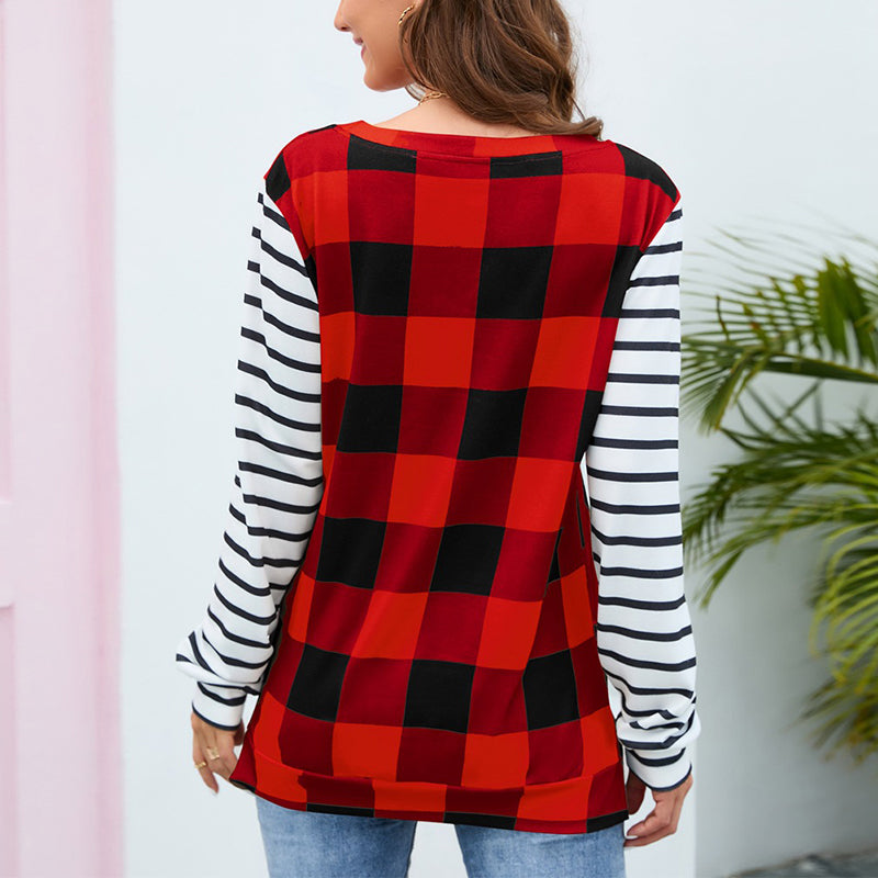 Plaid Stripe Crew Neck Sweatshirt