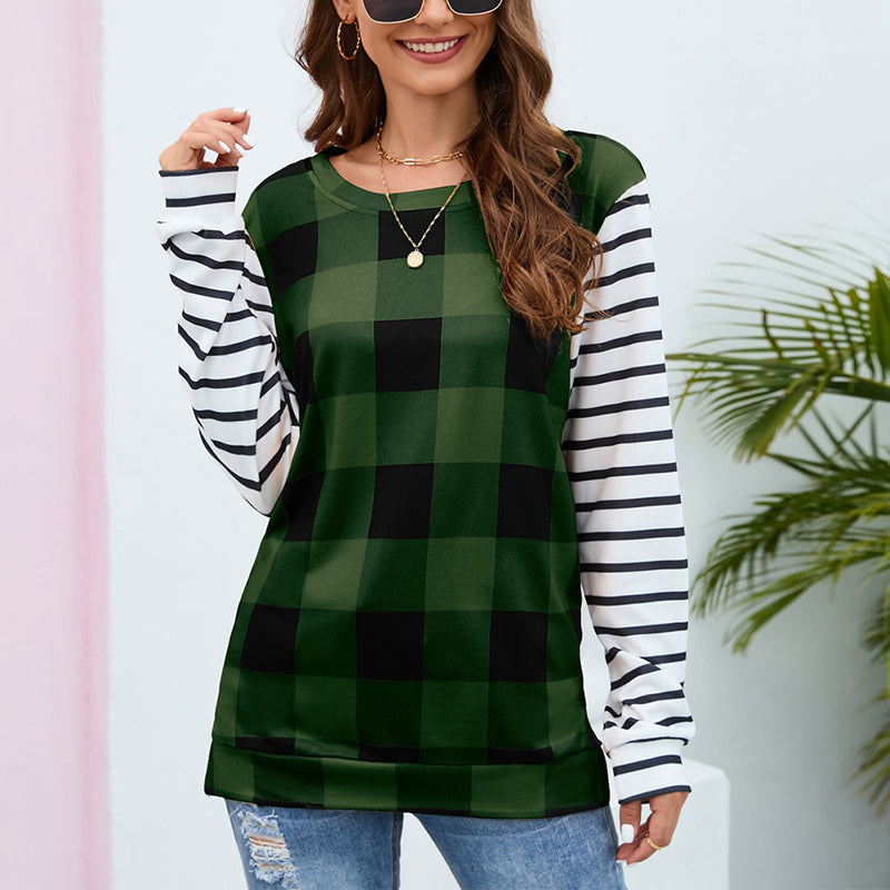 Plaid Stripe Crew Neck Sweatshirt