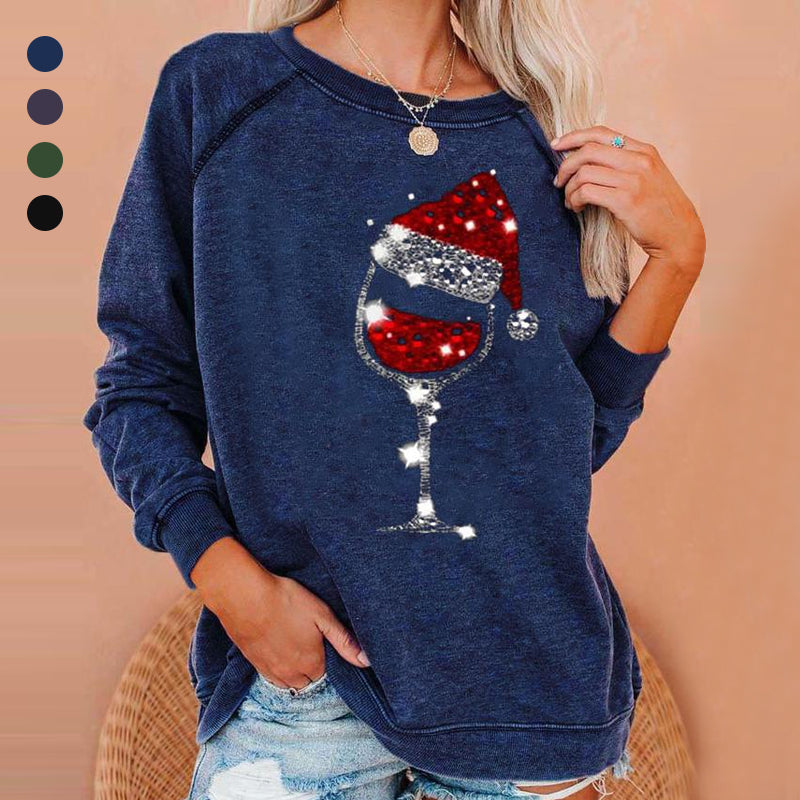 Christmas Wine Glass Print Sweatshirt