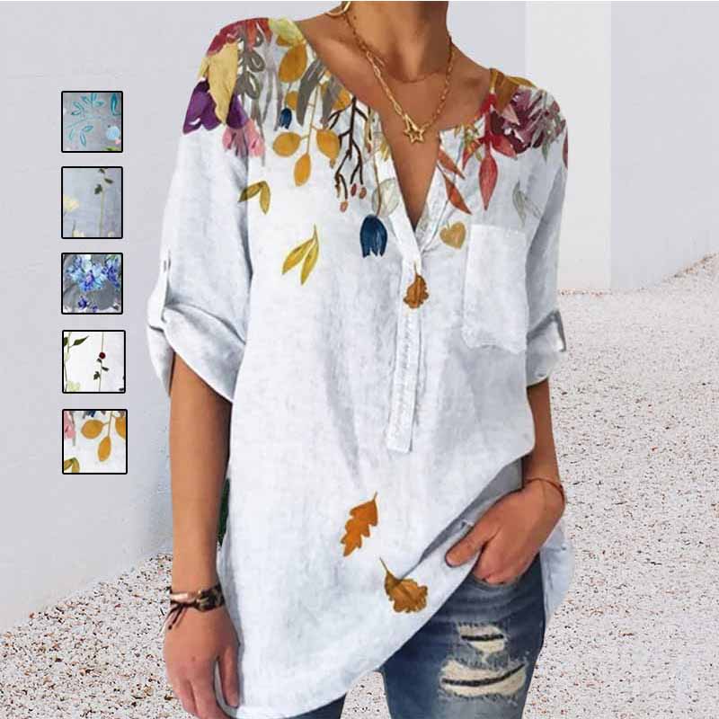 Loose Print V-Neck 3/4 Sleeve Shirt