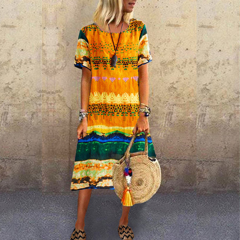 Vintage Ethnic Print Round Neck Dress