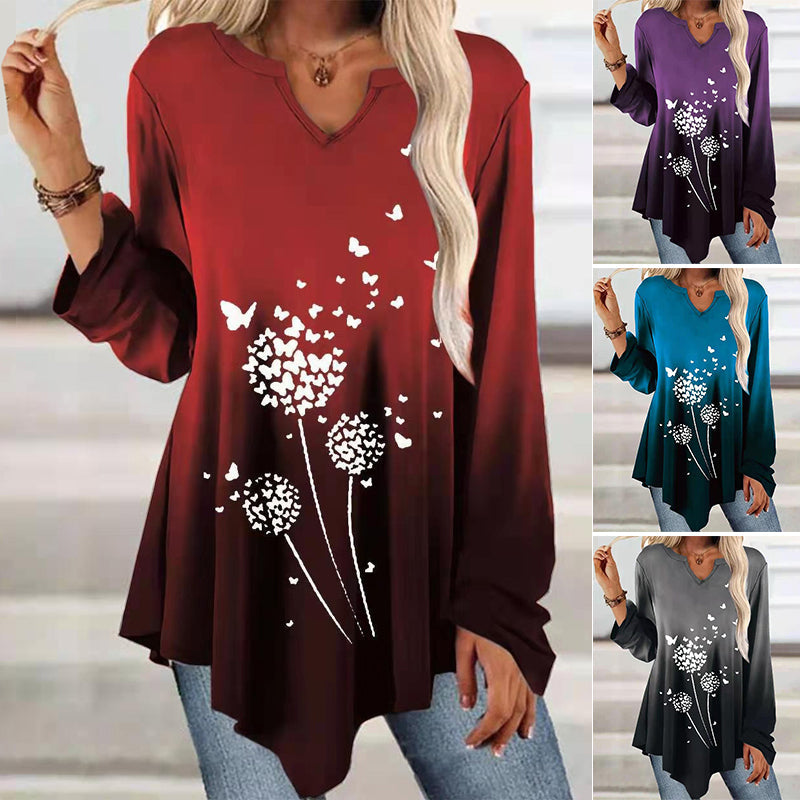 Gradient-print Ruffled Hem Long-sleeved T-shirt