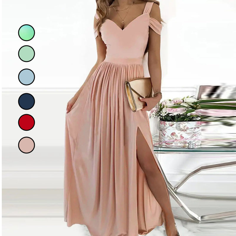 Off-the-shoulder V-neck Slit Dress