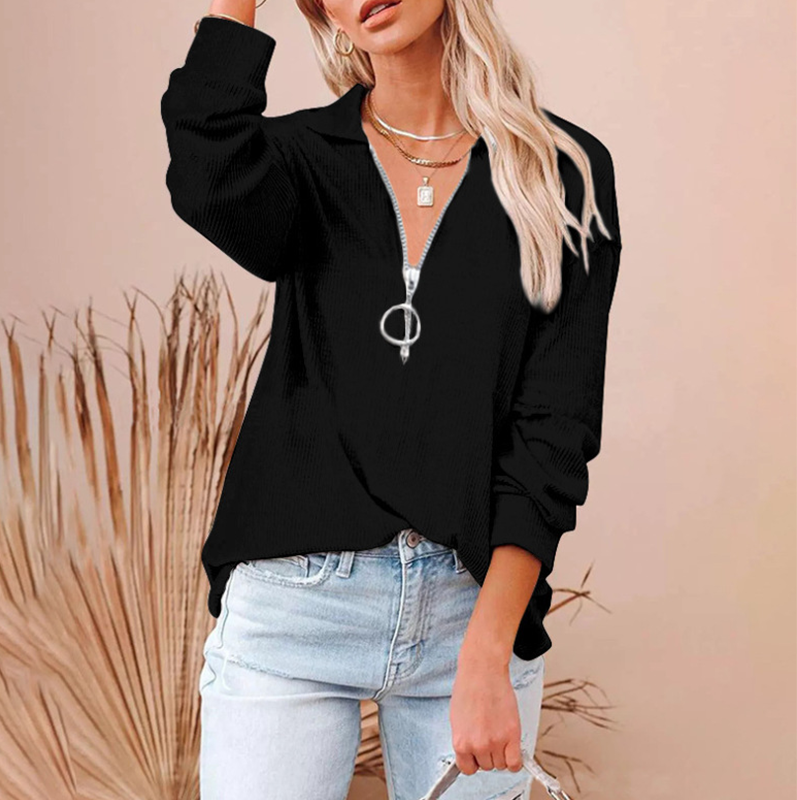 Women's Lapel Casual Zip Long Sleeve Top T-Shirt