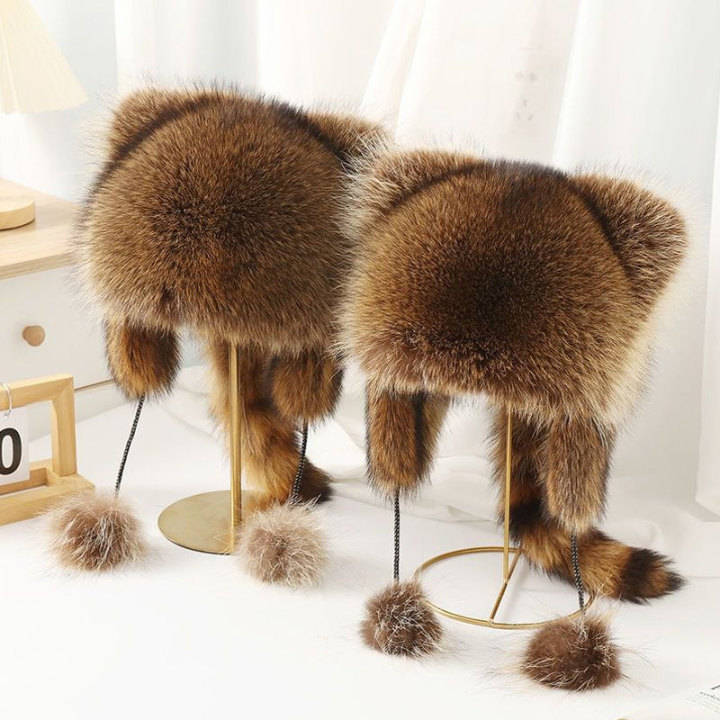 Cute faux fur raccoon tail parent-child plush hat
