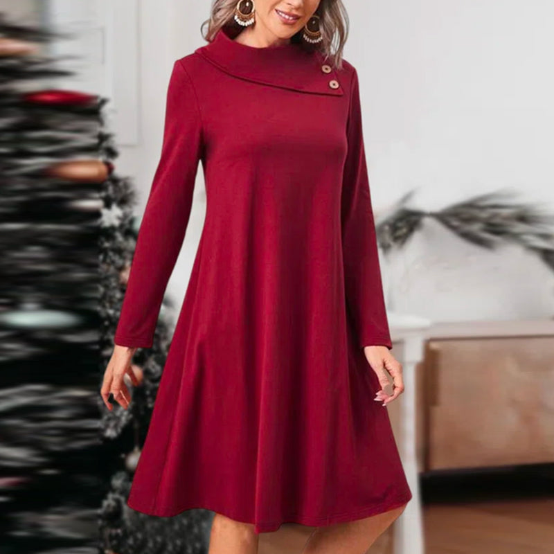 Solid Color Christmas Dress with Elegant Buttons
