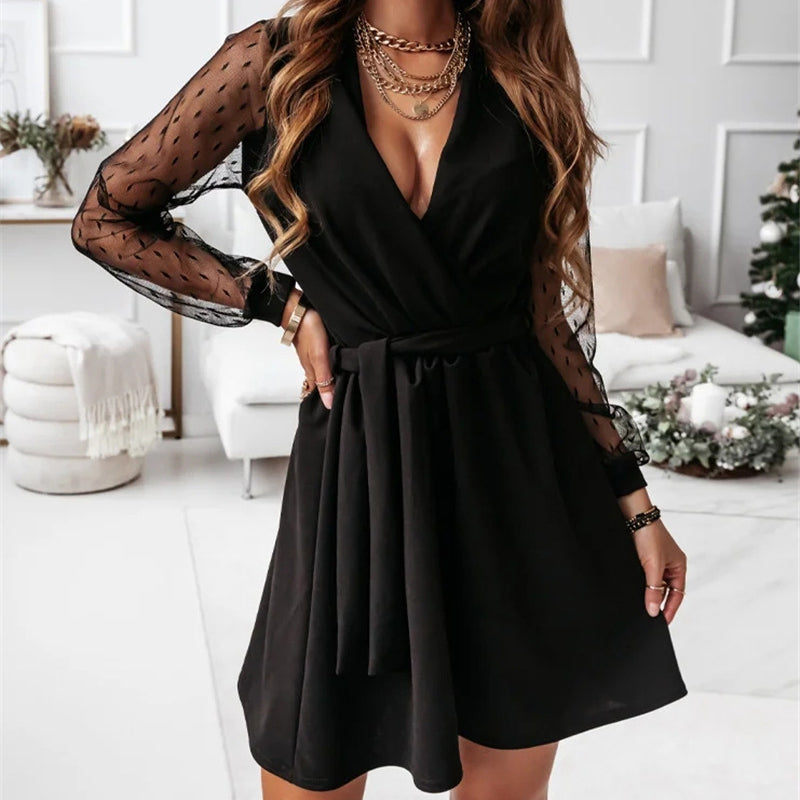 Lace Long Sleeve Knotted Dress