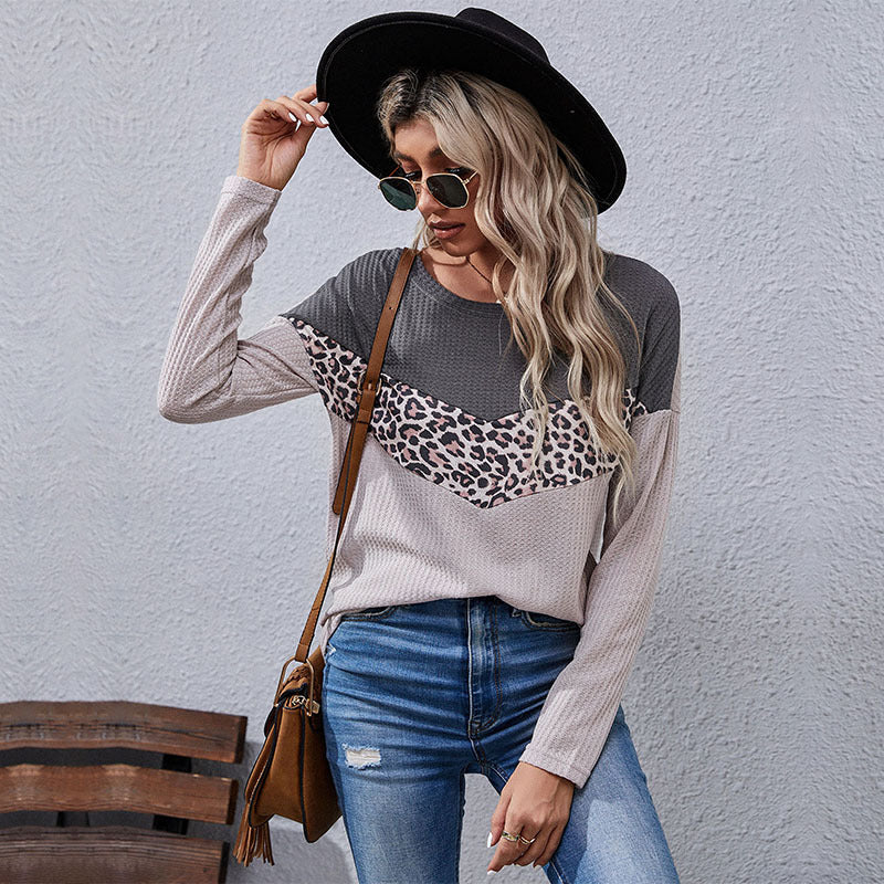 Women's Autumn Leopard Print Colorblock Knit Sweater
