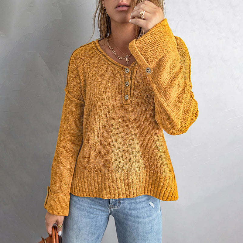 Button Knit Dropped Shoulder Sweater