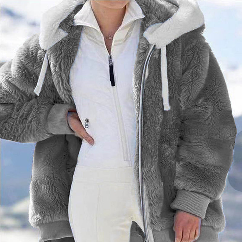 Women Loose plush zipper hooded jacket
