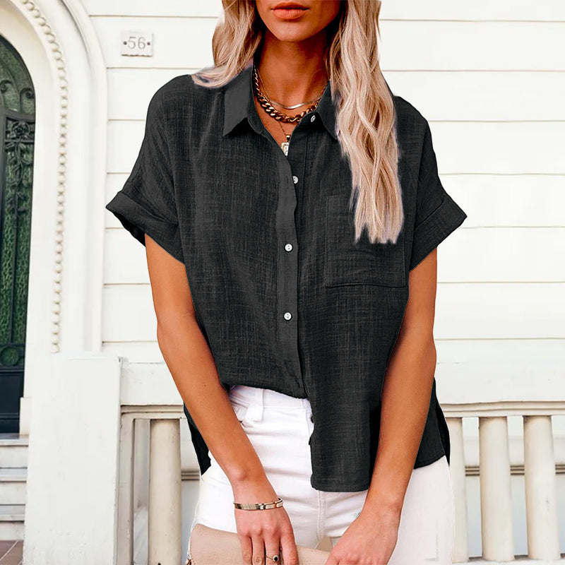 Women's Solid Color Pocket Short Sleeve Cotton Linen Shirt