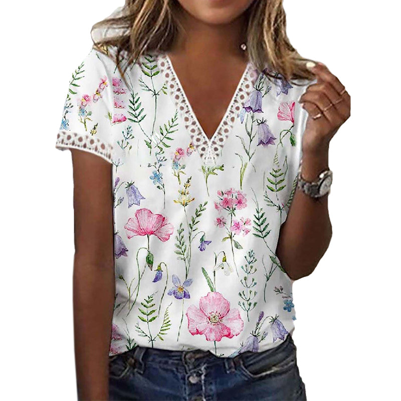 Floral Print Lace Patchwork Blouse