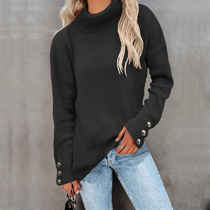 Turtleneck Knit Button Solid Sweater