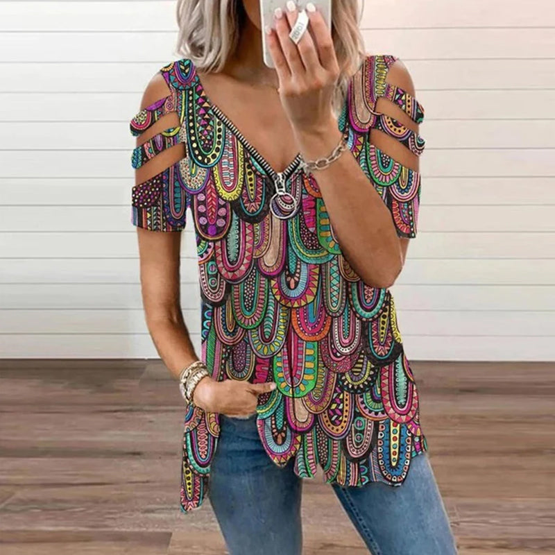 Zip V-neck Print T-shirt