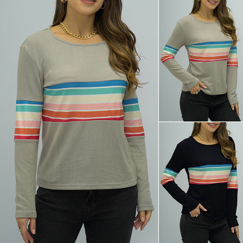 Crew Neck Long Sleeve Rainbow Stripe Panel T-Shirt