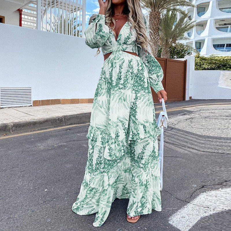 Printed V-Neck Long Sleeve Elegant Dress