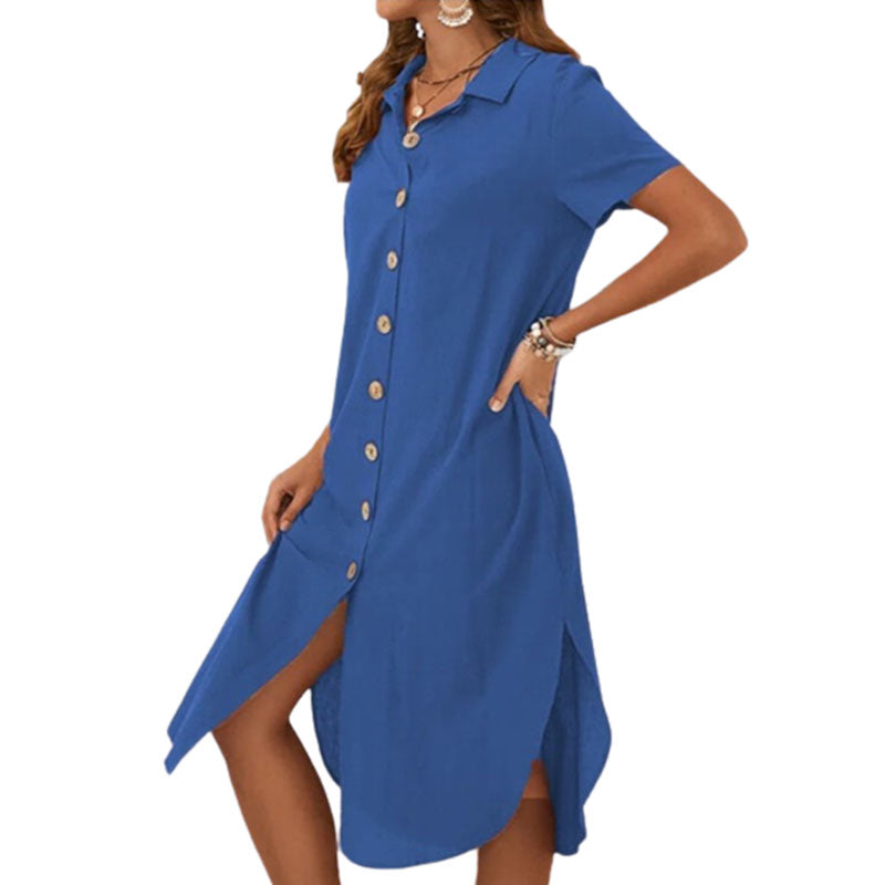 Lapel Single-breasted Cotton And Linen Short-sleeve Dress