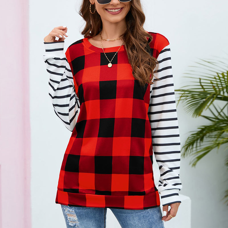 Plaid Stripe Crew Neck Sweatshirt