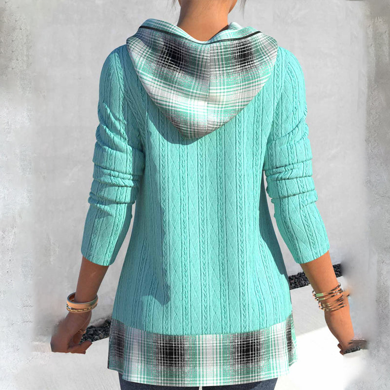 Hooded Plaid Knit Top