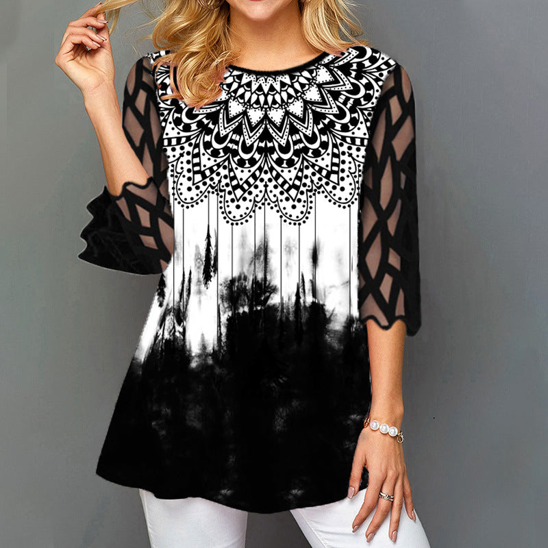 Lace Sleeve Printed T-shirt