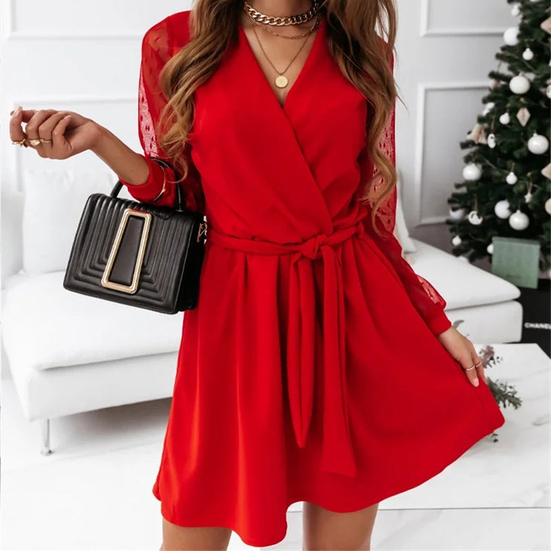 Lace Long Sleeve Knotted Dress