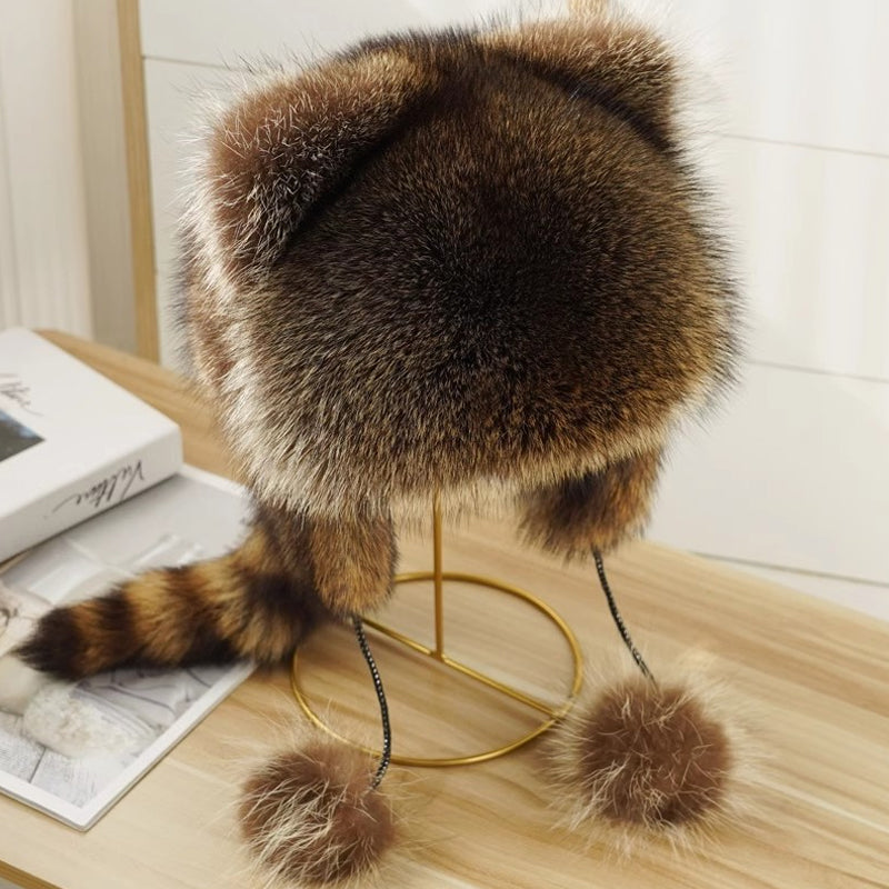 Cute faux fur raccoon tail parent-child plush hat