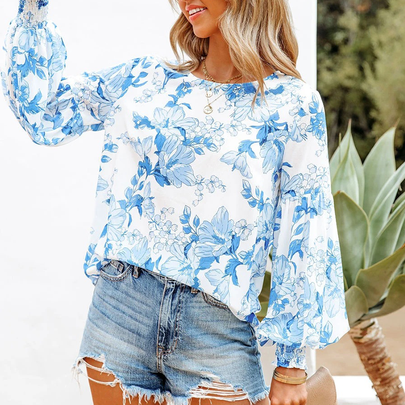 Fashion Print Balloon Sleeve Long Sleeve Top