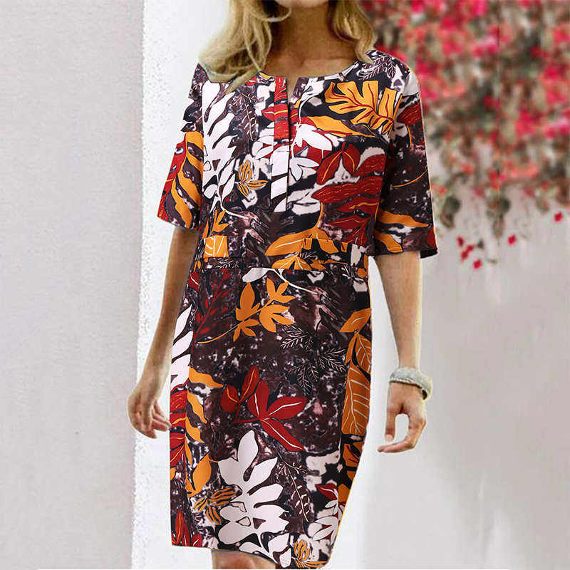 Floral Print Split O-neck Half Sleeve Casual Cotton Dress